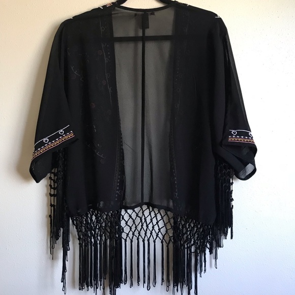 FOREVER 21 black sheer chiffon kimono cardigan with tassels and embroidery - Picture 2 of 3